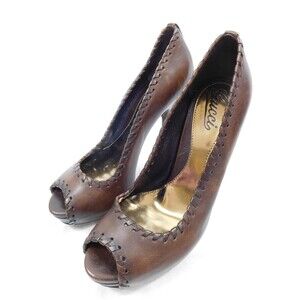 GUCCI BROWN WHIPSTITCH PEEP TOE PLATFORM HIGH HEELS SZ 38 NWOT